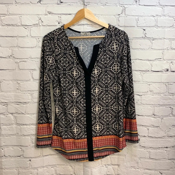 Ivy Ridge printed long sleeve top - orange, black, cream, yellow & maroon - Picture 5 of 11